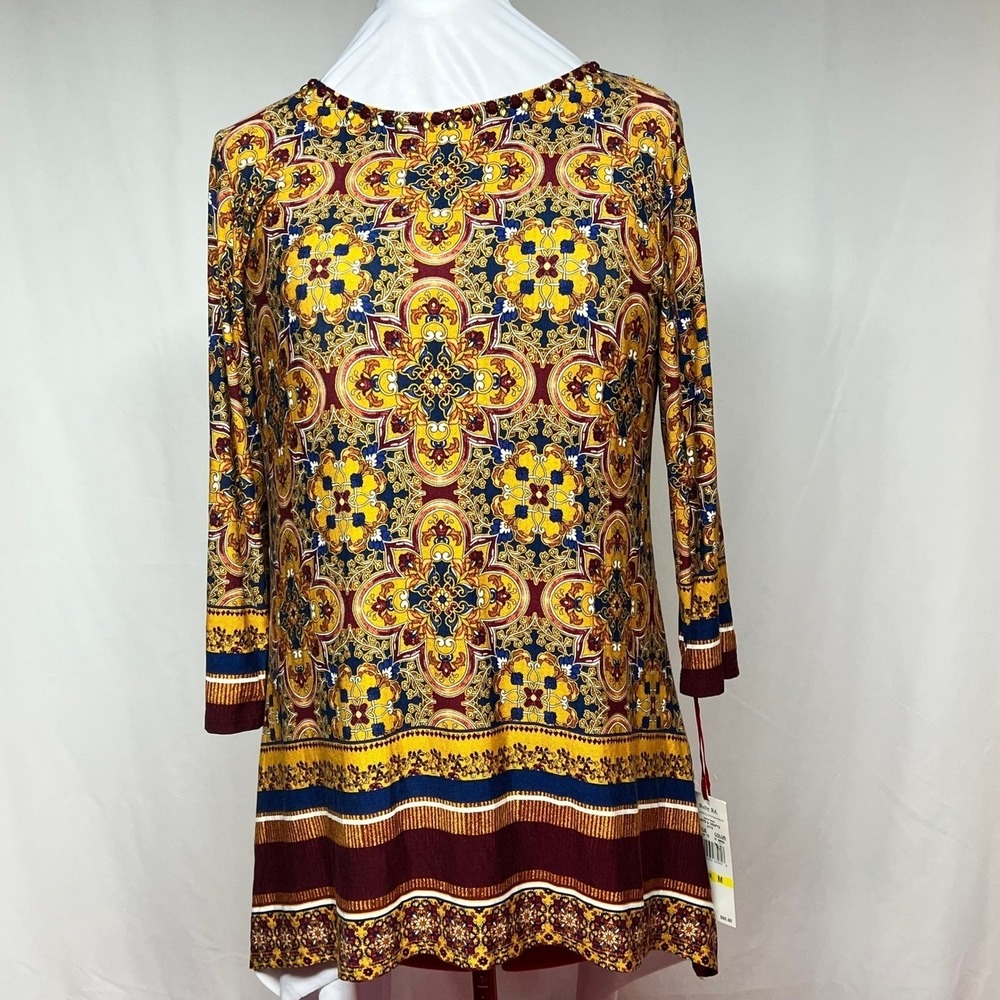 Ruby Rd Medallion Print Tunic Top M Beaded Neck 3/4 Sleeve Amber Multi NWT